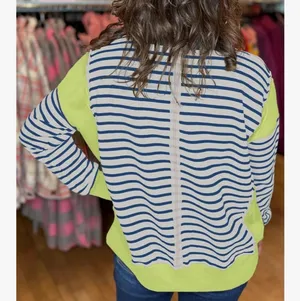 Crewneck color block casual Striped sweatshirt size medium women's green blue thumbnail 2
