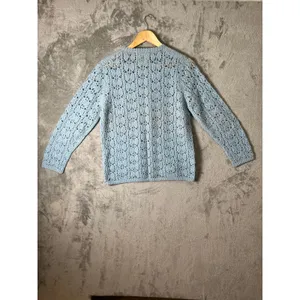 Vintage Hand Crocheted Wool Cardigan Blue Cottagecore Boho‎ Grannycore Dainty LG thumbnail 6