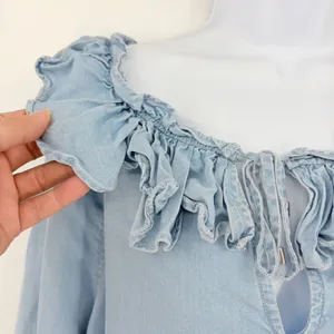 Lauren Ralph Lauren Chambray Womens Top Sz M Ruffle Peasant Boho Coastal Cottage thumbnail 5