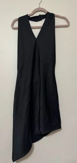 Fabrique Satin Black Asymmetrical V-Neck Halter Low Back Dress thumbnail 1