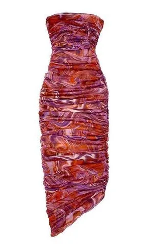 House of CB - Sasha Swirl Strapless Ruched Midi Dress in Purple and Orange thumbnail 1