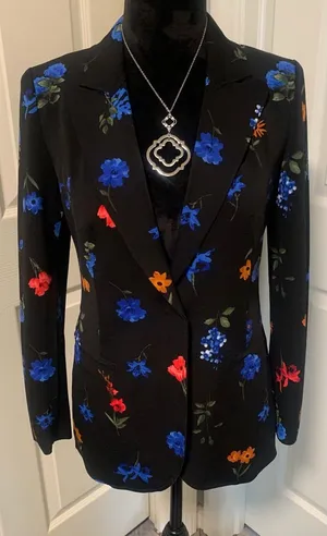 T Tahari Black Floral Blazer Colorful Blue Red Orange Flower Print Tailored Jacket thumbnail 1
