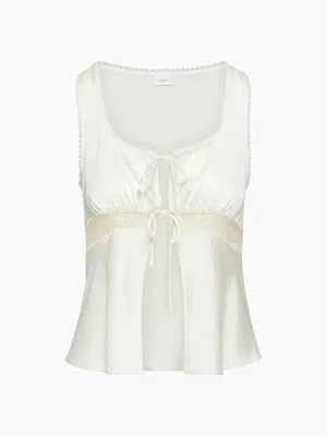 Aritzia Wilfred Picnic Satin Babydoll Camisole Ivory Lace Tie Front 2XS thumbnail 2