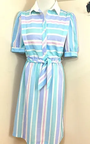 Vintage 70’s Jenny Petite Pastel Pink/ Blue Striped Midi Shirt Dress S thumbnail 1