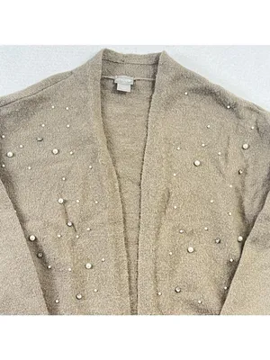 Chico's Open Front Faux-Pearl Cardigan Sweater Size 1 Medium Wool Blend Brown thumbnail 4
