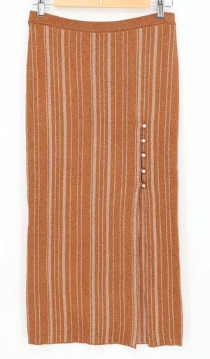 LPA Revolve‎ Vance Midi Knit Skirt Metallic Stripe Bronze Gold Pearl Size S thumbnail 1