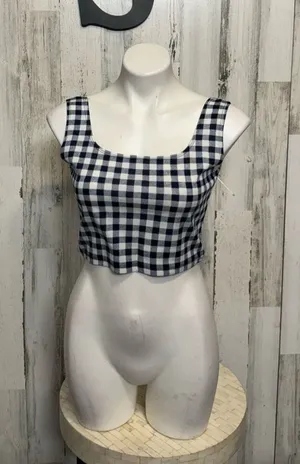 C-Mode Gingham Plaid Square Neck Crop Top Womens S Navy Blue White Tank thumbnail 1
