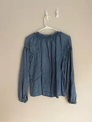 Jane and Delancey Blue Denim Henley Peasant Blouse thumbnail 3