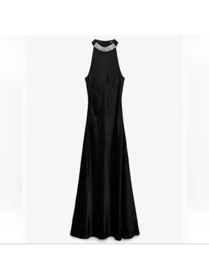 ZARA Black Maxi Halter Dress with Silver Embellished Neck thumbnail 9