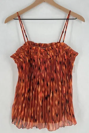 Nine West Camisole Top‎ Womens S Orange Abstract Pleated Smocked Spaghetti Strap thumbnail 1
