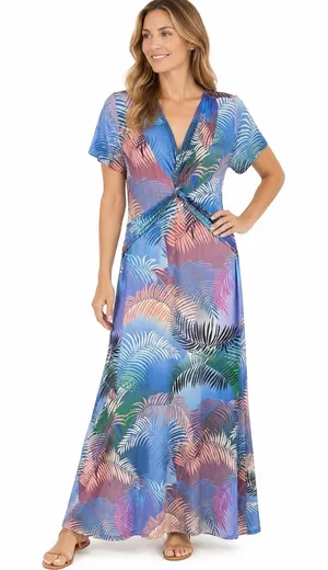 SOFT SURROUNDINGS Anya Ombré Palm Twist Front Maxi Dress Stretch Size Small thumbnail 1