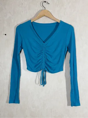 ALO Yoga Women’s Ribbed Cropped Cinch Long Sleeve in Blue Splash S thumbnail 2