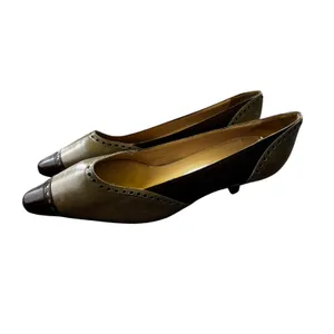 Manolo Blahnik Pumps 36 Brown Olive Leather Wingtip Brogue Kitten Heel Vintage thumbnail 3