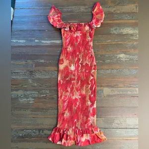 Sage + Paige Floral Smocked Ruffle Off Shoulder Midi Dress Red Sz S🧡🍄 thumbnail 7