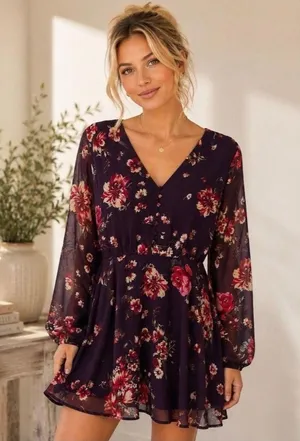 Lulu's Plum Floral V‑Neck Mini Dress thumbnail 1