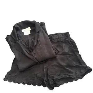 BHLDN Juniper Scalloped‎ Satin Pajama Set Black Small thumbnail 5