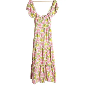 Show Me Your MuMu Cathy Pink Retro Floral Sweetheart Tie Back Puff Maxi Dress M thumbnail 5