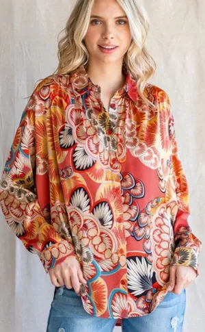 Jodifl Boho‎ Printed Satin Button Up Blouse Shirt Orange Multi Large thumbnail 1