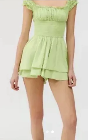 Urban Outfitters Lime Green Smocked Ruffle Mini romper size large. thumbnail 1