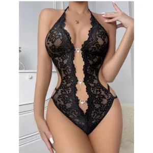 Women's Sexy Lace Teddy Bodysuit S Black Sheer Cutout Heart Rhinestone NWT thumbnail 4