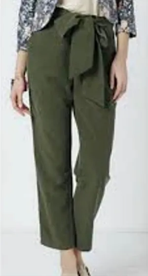 Anthropologie Coquille Olive Green Paperbag Waist Tapered Ankle Pants with Tie thumbnail 1