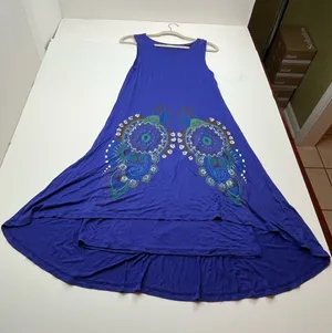 Desigual Royal Blue Sleeveless A-Line Dress Floral Womens Small‎ Stretch Summer thumbnail 1