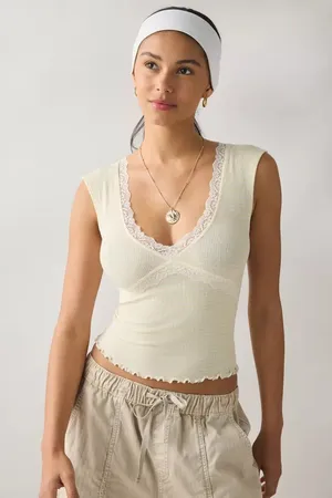 Urban Outfitters Out From Under Diana Plunging Lace Trim Cap Sleeve Top thumbnail 1