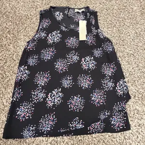 Joan Vass New York Black Confetti Print Sleeveless Blouse Leather Trim M NWT thumbnail 1