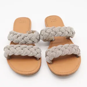 A New Day Slide Sandals Womens 8 Braided Rhinestone Silver Tan Flat Excellent thumbnail 4