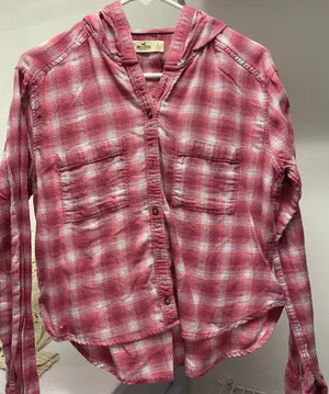 Hollister Pink and White Plaid Hooded Long Sleeve Shirt thumbnail 1