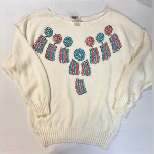 Vintage Kenneth Too‎ Ivory Aztec Pullover Sweater Turquoise Embellished Sz S/M thumbnail 2