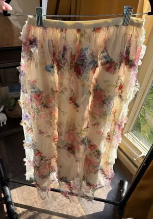 Floral Ruffle Maxi Skirt - Cream with Multicolor Floral Print thumbnail 1