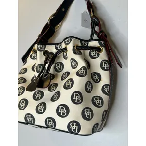 DOONEY & BOURKE Black White DB Monogram Black Leather Drawstring Bucket Bag thumbnail 3