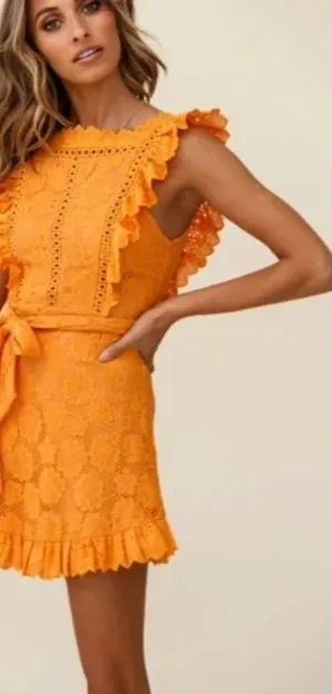 Selfie Leslie Dress Prairie Crochet Frill Dress Sunset Orange Womens M - NO BELT thumbnail 1