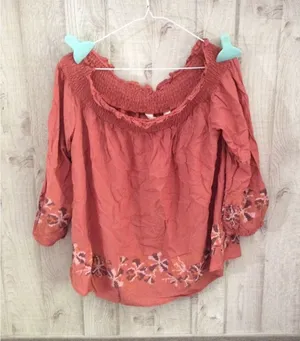 Tantrums Women Rust Terracotta Smocked Off Shoulder Embroidered Rayon Blouse L thumbnail 1