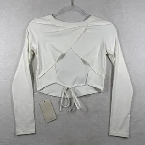 Halara Womens White Open Back Tie Hem Long Sleeve Crop Top Activewear JV85K S thumbnail 6