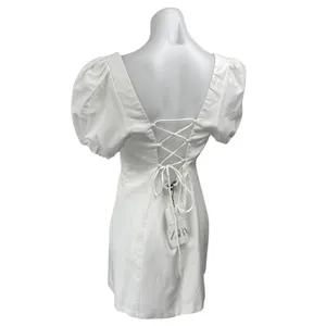 NEW Zara White Short Puff Sleeve Lace Up Back Square Neck Mini A Line Dress XL thumbnail 2