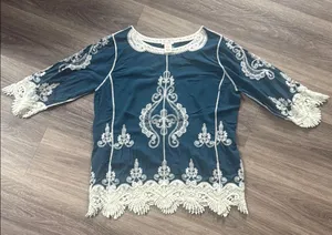 Ultra Pink Blue Embellished Blouse with Peter Pan Collar Crochet Detail Boho Top thumbnail 1