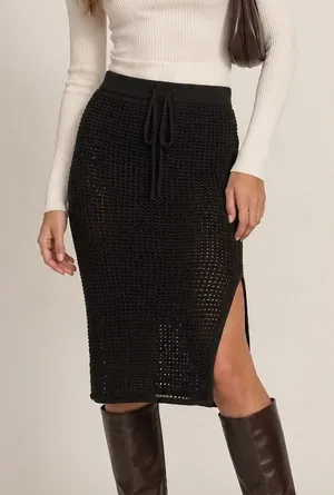 Halara Mesh Crochet Open Knit Midi Skirt Drawstring Size M Black Resort Coverup thumbnail 1