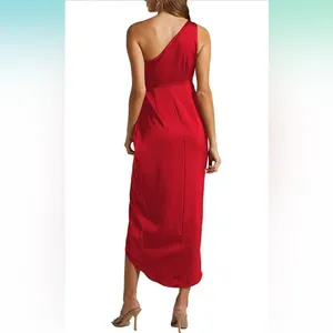 NEW Satin 1 Shoulder Ruched Slit Split Wrap Midi Dress M thumbnail 2