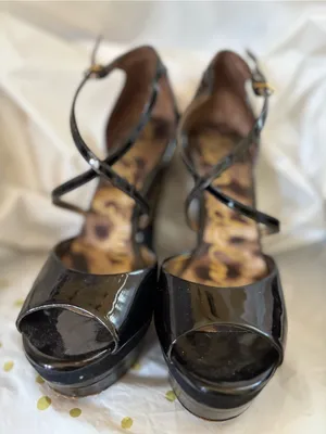 Sam Edelman Black Patent Platform Crisscross Heels with Gold Heel Detail thumbnail 4