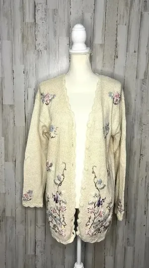 Vintage 80s Crystal Kobe Floral Embroidered‎ Knit Cardigan Beige Women's Medium thumbnail 1