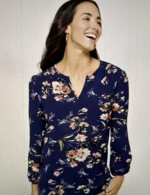 Fun2Fun Navy Blue Floral Boho Kenmore Split Neck Stretch Blouse Size S thumbnail 1