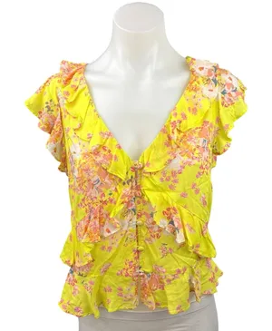 Anthropologie Maeve Yellow Pink Floral Ruffle Deep V Button Up Blouse Top Sz 4 thumbnail 1