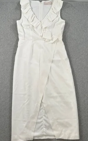 Keepsake the Label Ruffle Neck Midi Dress Women's Large White Crepe Slit Bride thumbnail 1