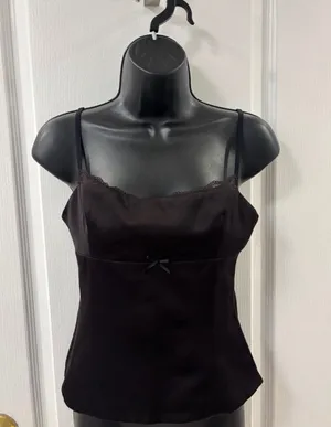 Y2K Zara Lace Trim Bow Fitted Dark Brown Tank Top Feminine Coquette Going Out S thumbnail 1