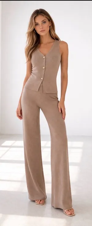 Knit 2 Piece Set Gold Button Vest Top Wide Leg Pants Chic Lounge Outfit M thumbnail 1