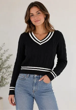Hope & Henry Women's L Black White Cable Knit V-Neck Sweater Organic Cotton #170 thumbnail 1