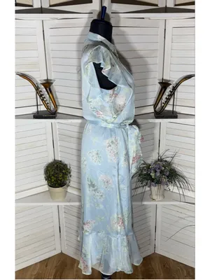 Ralph Lauren floral blue midi dress chiffon flutter sleeves cottage fairy boho 6 thumbnail 3
