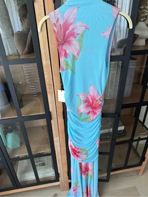 NWT Sincerely Jules Maxi Dress mock neck ruched Pink Floral Print stretchy mesh thumbnail 4